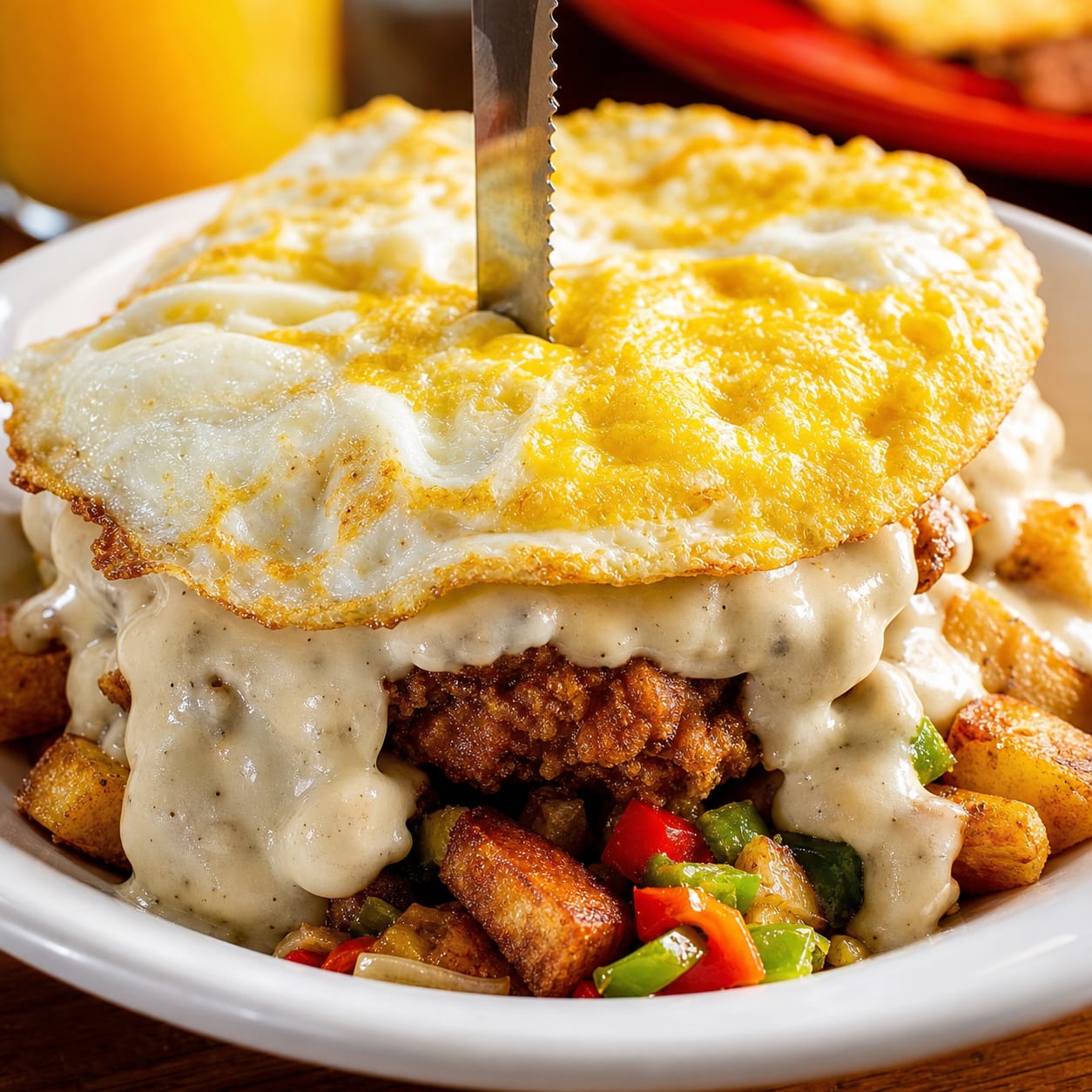 Breakfast rarebit with fried chicken, egg, and sausage gravy over a biscuit