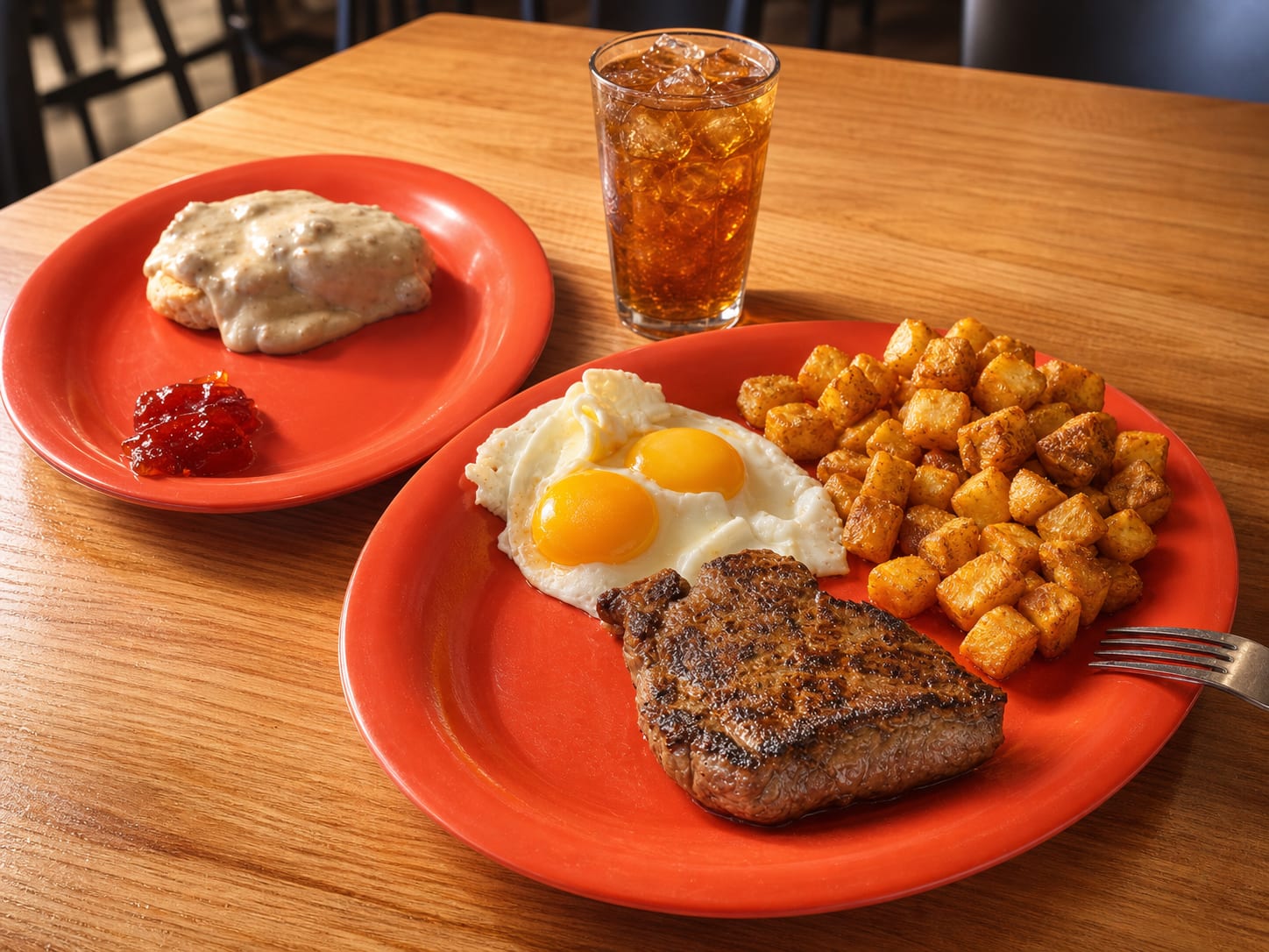 Steak and eggs with hash browns on a red plate